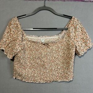 Aerie Floral Print Smocked Crop‎ Top Square Neck Short Sleeve Womens Medium M
